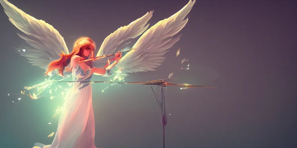 Image similar to An angel with white wings shooting a bright arrow to create flowers on a plain, trending on artstation, heavenly colors, volumetric lighting