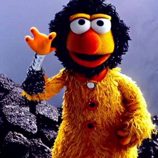 Prompt: “film still of Bert from Sesame Street throwing the one ring into Mount Doom, directed by Peter Jackson”