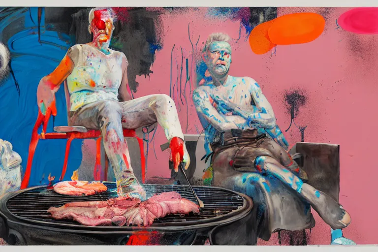 Image similar to portrait of a morphed painter sitting in a chair at a bbq grill tending to meat, art by james jean and luc tuymans and vincent lefevre and hernan bas and pat steir and hilma af klint, psychological, dripping paint, high quality render, cg society contest winner, retrofuturism, masterpiece