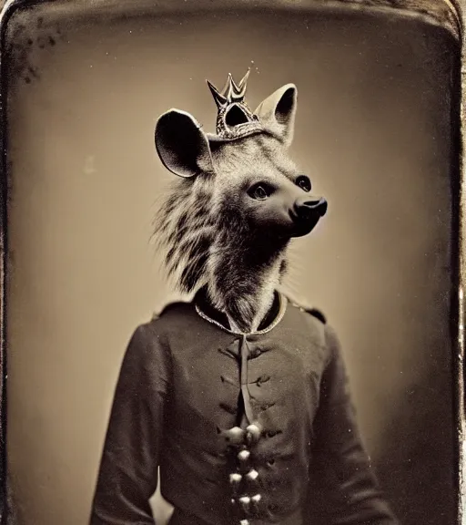 Prompt: professional studio photo portrait of anthro anthropomorphic spotted hyena head animal person fursona smug smiling wearing crown elaborate pompous royal king robes clothes degraded medium by Louis Daguerre daguerreotype tintype