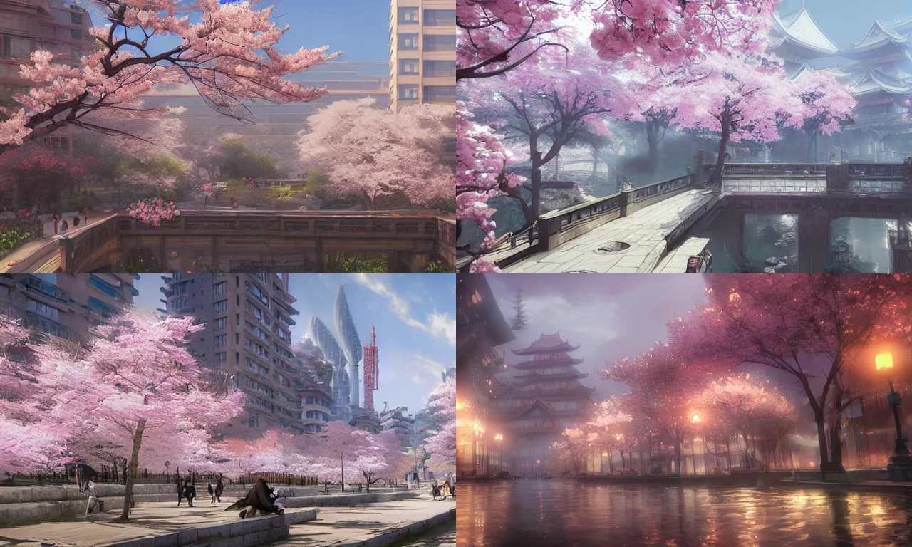 Prompt: Sakura City, by Ruan Jia and Andreas Rocha, Unreal Engine