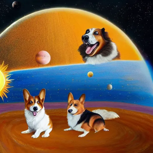Image similar to giant corgi as big as the sun, standing in the solar system, oil on canvas, intricate, 8k highly professionally detailed, HDR, CGsociety