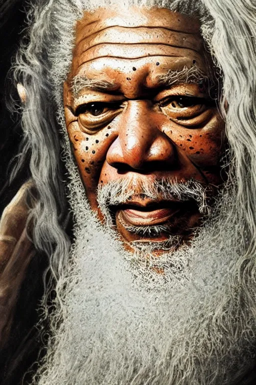 Image similar to morgan freeman starring as gandalf in lord of the rings, oil on canvas, intricate, 8 k highly professionally detailed, hdr, cgsociety