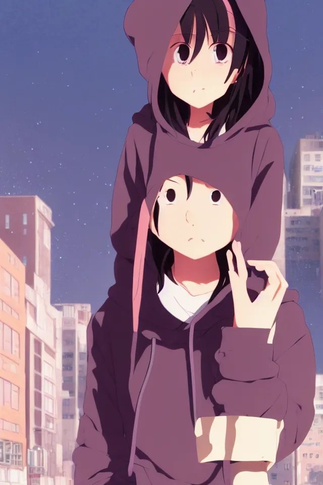 Prompt: anime visual, portrait of a young black haired girl wearing hoodie on the city street background, one person, cute face by yoh yoshinari, katsura masakazu, studio lighting, half body shot, strong silhouette, anime cels, ilya kuvshinov, cel shaded, crisp and sharp, rounded eyes