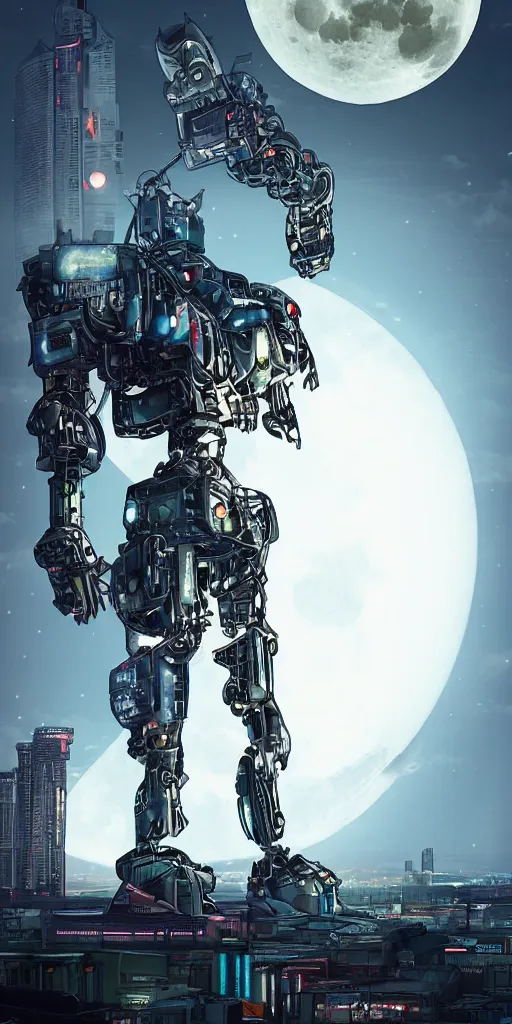 Prompt: a giant cyberpunk robot touching the moon. incredible detailed. sharp focus. digital art. full body