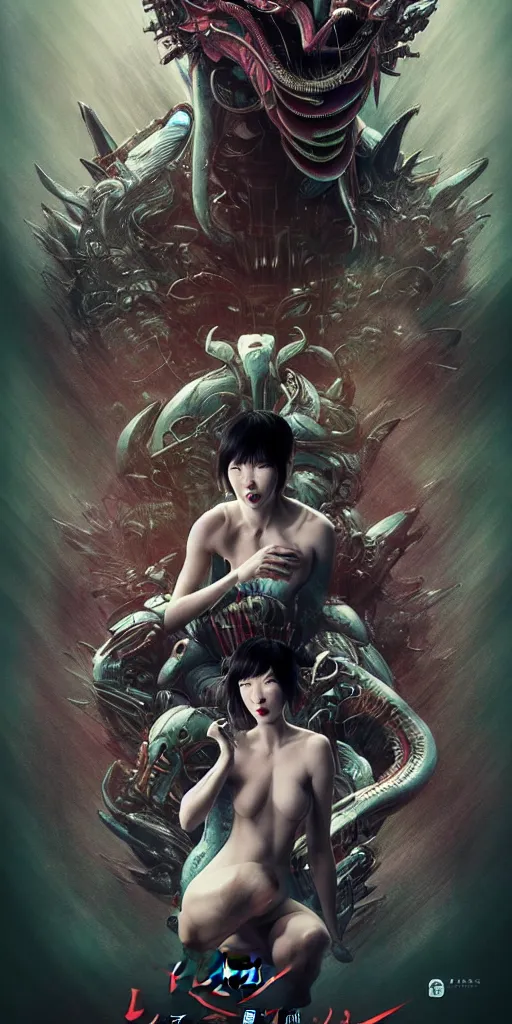 Prompt: exquisite imaginative creature beast from chinese mythology, sharp, ghost in the shell, slender and densely arranged teeth, poster art, movie art, poster art, poster art, elegant, by lucusfilm, weta studio and james jean, 8 k, denoised