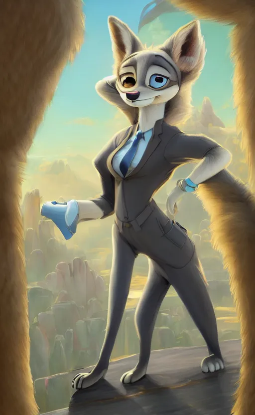 Image similar to oil painting of detailed full body of anthromorphic female wolf, in style of zootopia, zootopia, zootopia, fursona, furry, furaffinity, 4 k, deviantart, furry art, fursona art, wearing black business suit, business suit, in style of zootopia, wolf fursona, cyberpunk, female, expressive detailed feminine face,