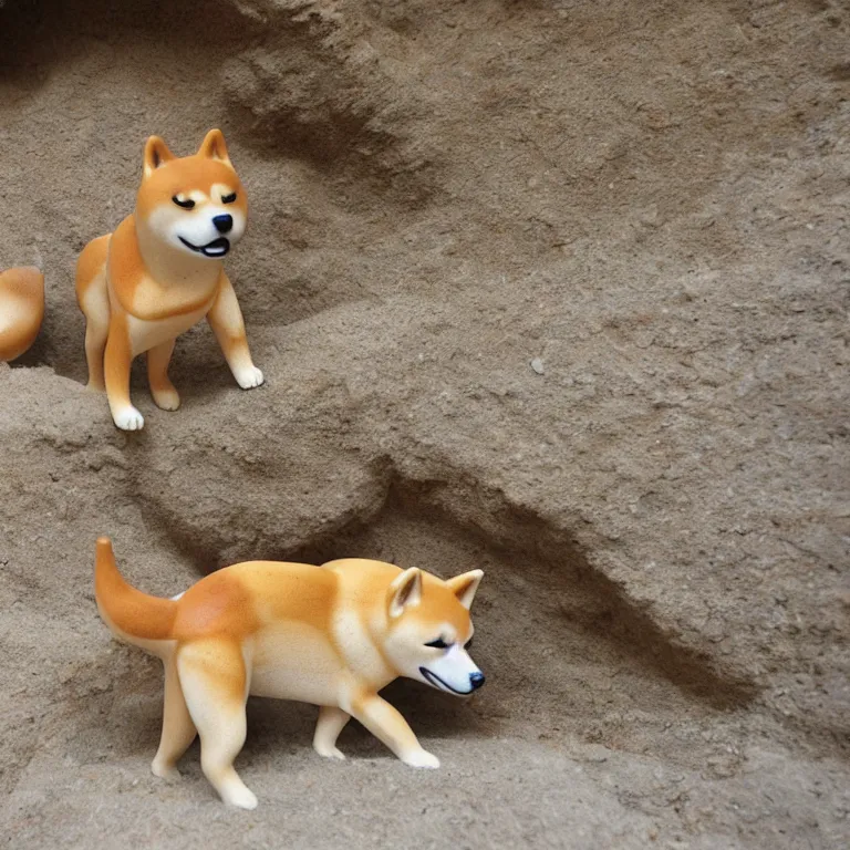 Image similar to shiba inu wooden figurine found in a prehistoric cave