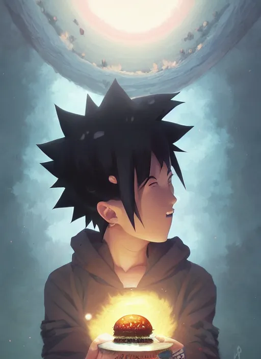 Prompt: detailed black hamburger in black bun consuming naruto with black hair, art by greg rutkowski, loish, rhads, ferdinand knab, makoto shinkai and lois van baarle, ilya kuvshinov, rossdraws, tom bagshaw, global illumination, radiant light, detailed and intricate environment