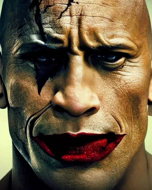 Image similar to Film still close-up shot of Dwayne The Rock Johnson as The Joker from the movie The Dark Knight. Photographic, photography