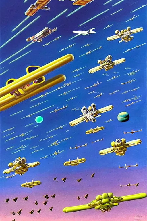 Prompt: a hyperrealistic painting of a fleet of spacecrafts flying over the farmers market on a sunny day, by chris cunningham and richard corben, highly detailed, vivid color,