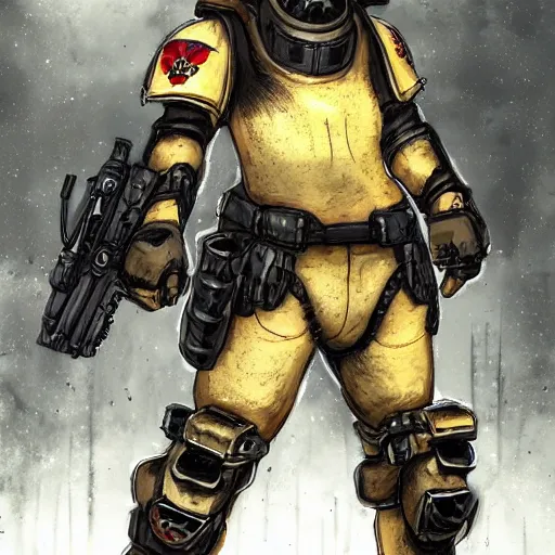 Prompt: anthropomorphic shiba inu, wearing tactical military exoskeleton, sci - fi, warhammer 4 0 k style, post apocalyptic background