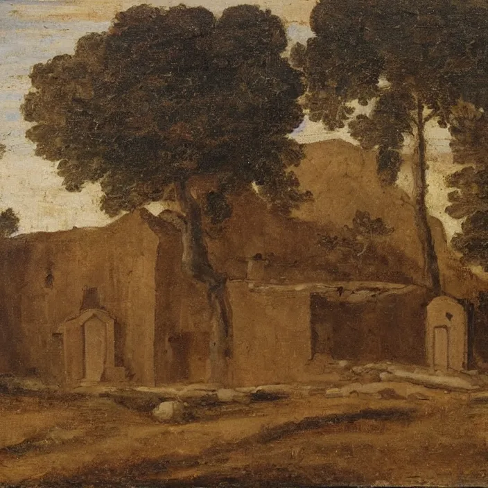 Image similar to a building in a serene landscape, early christian painting