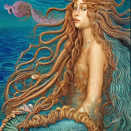 Prompt: intricate detail, gilbert williams and sandro botticelli portrait of tan sumerian mermaid goddess atargatis, with aqua neon rapunzel dreadlocks adorned in seashells, near crystal temple in atlantis, iridescent dolphins swimming in the sea, unicorn flying in the sky, paleozoic atlantis