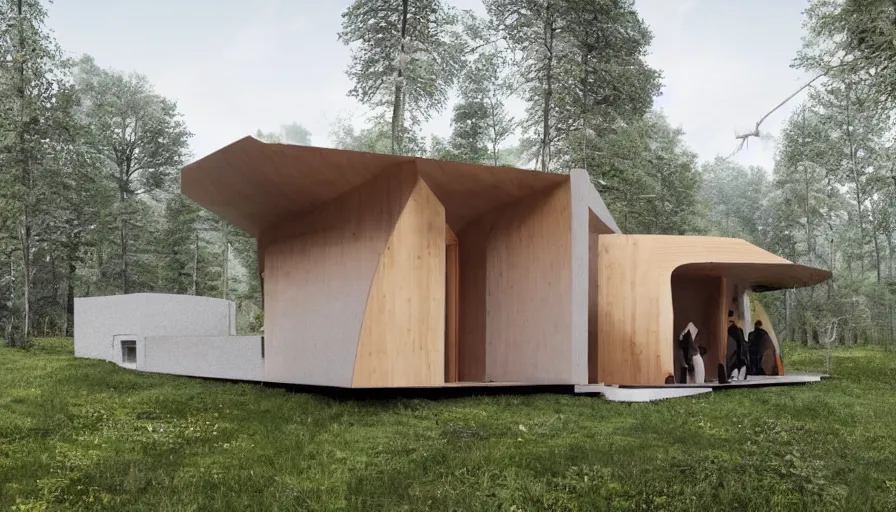 Image similar to A small modern cabin in the woods with rounded corners, made of cement, Designed by Rolls Royce, Gucci, Balenciaga, and Wes Anderson, being 3d printed by a large scale robotic arm