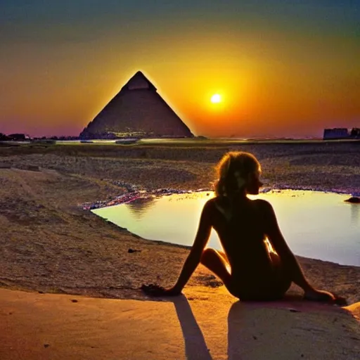 Image similar to beautiful egypt beautiful woman relaxing on sunset river with yellow coloured fish, coloured high detailed photo, sunset