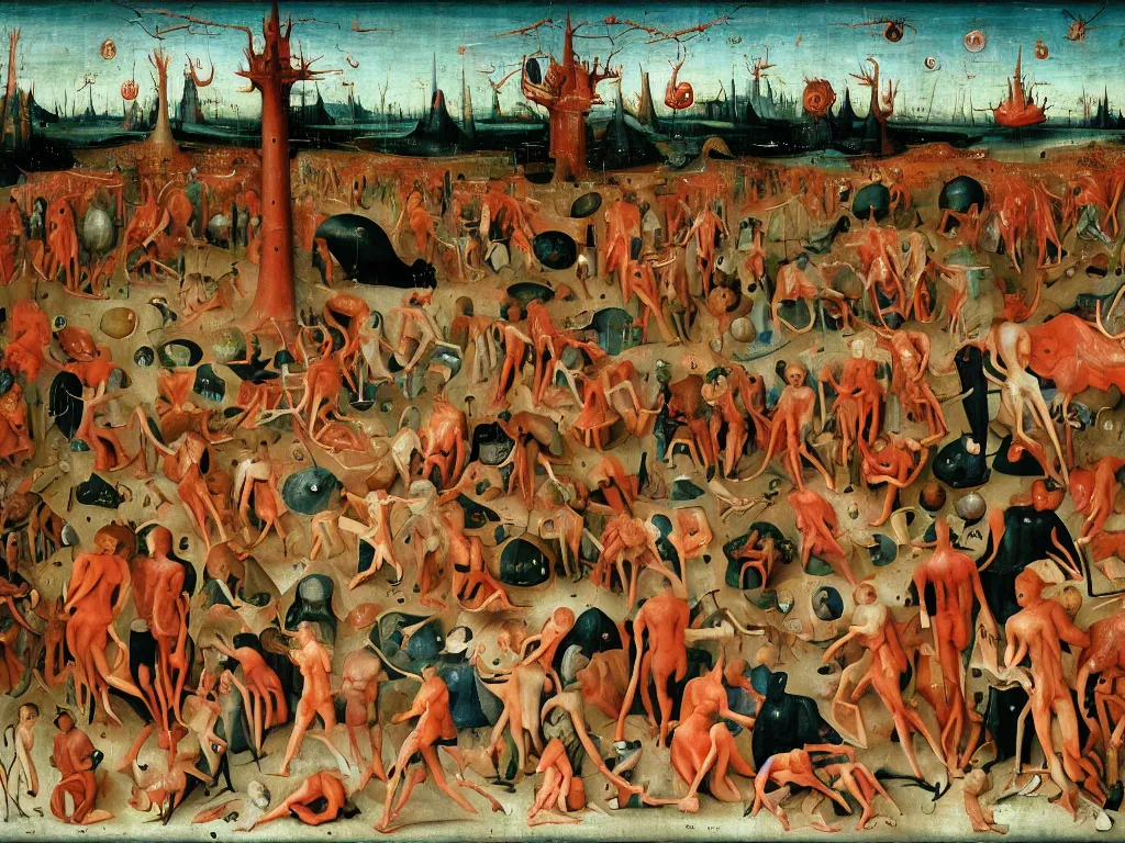 Prompt: a world of flesh in contrasting colors, nervous system cells, shiny flesh colored walls that are alive, loss of molecular cohesion, hieronymous bosch,