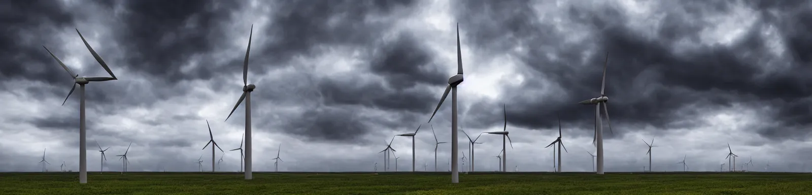 Image similar to Stormy sky with the lightings in the clouds, blueshift render, just 1 wind turbine in the background, depth of field, pipes and vaults on the ground, photorealistic, photo lense, focus, Full HD, 1128x191 resolution