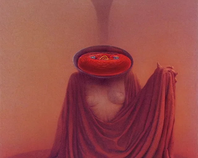 Prompt: lamprey by francis bacon, beksinski, mystical redscale photography evocative. devotion to the scarlet woman in her cathedral, priestess in a conical hat, coronation, ritual, sacrament