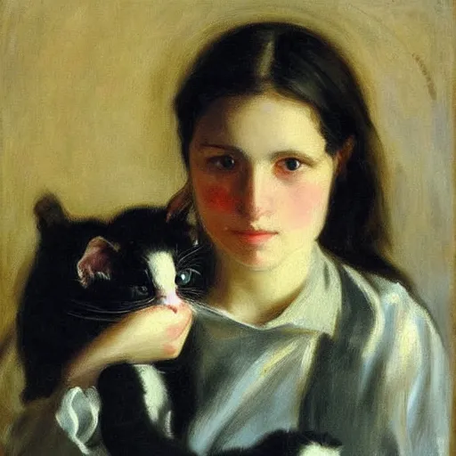 Image similar to “ dark haired girl holding a kitten, very detailed, oil painting, portrait, dark background, by john singer sargent ”