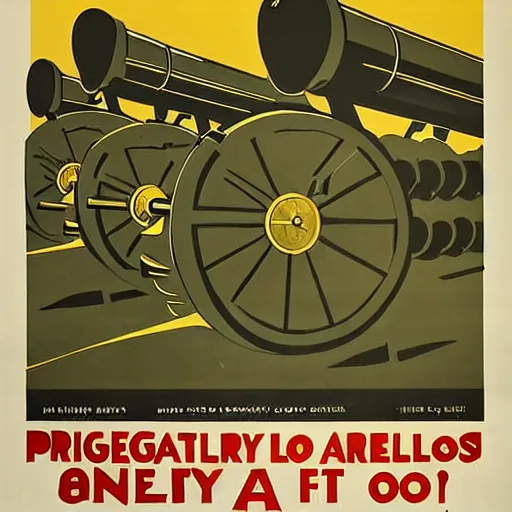 Prompt: propaganda poster featuring an extremely large number of artillery cannons, artillery, guns, limited palette, ww 1