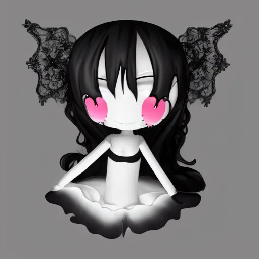 Prompt: cute fumo plush of a cursed floating blob of dark ichor vaguely in the shape of a cute girl, amorphous, inky blackness, fluid simulation melting, gothic dress with lace, black and white, horror, vray