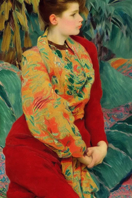 Image similar to a girl with arabesque red and green and golden detailed scarf on persian carpet, mexican palms in back, painting by john singer sargent