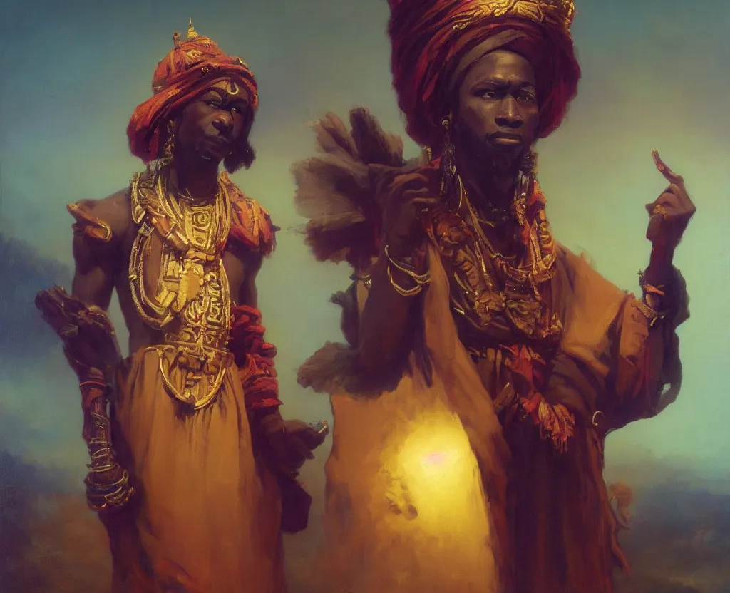 Prompt: stunning african god in minimal ritual garb, posing against a royal purple backdrop by ivan aivazovsky, wlop, oil painting, beautiful soft lighting, muted colours, artstation