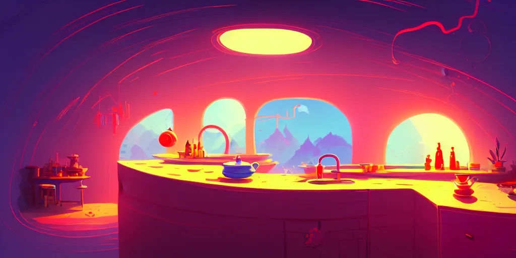 Prompt: naive nerikomi, weird perspective, extra narrow, detailed illustration of a kitchen dim lit by flashlight in a scenic spiral environment by anton fadeev from lorax movie, trending artstation, vaporwave