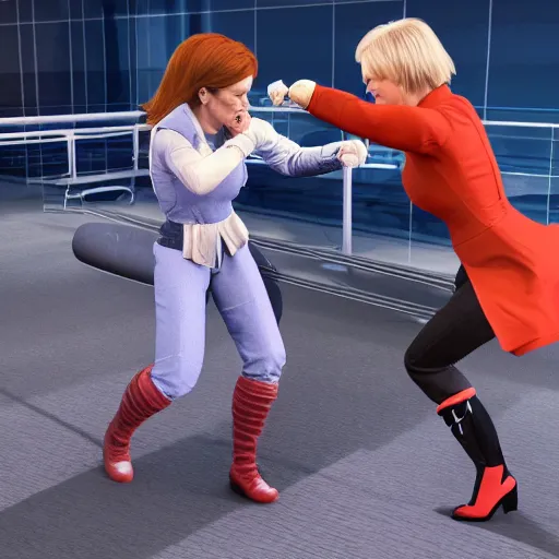 Image similar to Ultra HD Mortal Combat 9 screenshot of first Minister Nicola Sturgeon fighting for Scotland against conservative Mp Liz Truss in battle rendered in unreal engine, trending on art station, masterpiece