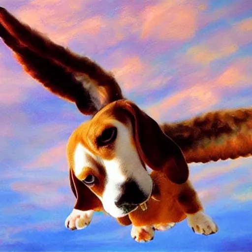 Prompt: a beagle flying in the sky using it's ears as wings, warm colors, cute