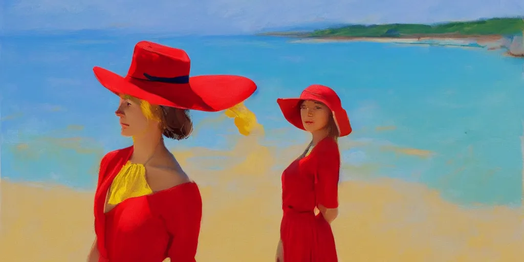 Image similar to beautiful oil matte portrait painting, young woman with red dress and mustard yellow summer hat at a beach on a sunny day, wonderful masterpiece highly detailed, beautiful cinematic light deep focus, elegant, digital painting, smooth, sharp focus, golden ratio, dramatic illumination, ultra realistic, 8 k, art by andy warhol