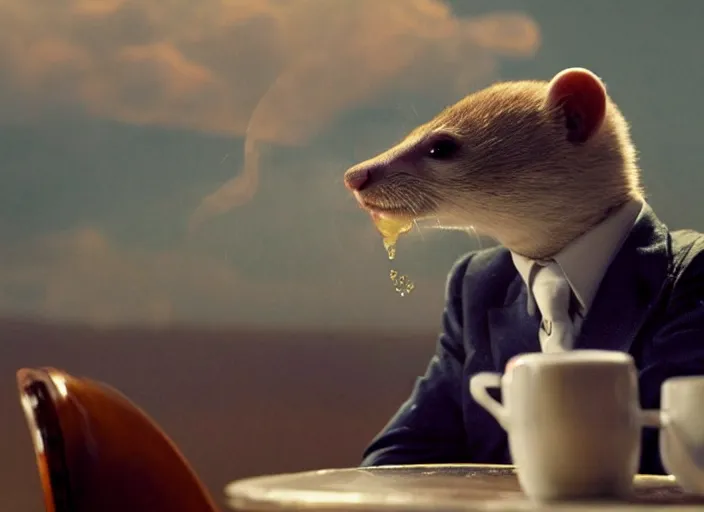 Image similar to A very high resolution image from a new movie, A Weasel wearing a suit drinks tea in a shabby Chinese room, surrounded by water vapor,beatiful backgrounds,dramatic Lighting, directed by wes anderson