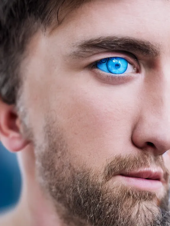 Image similar to 4K HD, high detail photograph, shot with Sigma f/ 4.2 , 250 mm sharp lens, shallow depth of field : (subject= Beautiful man with blue eyes + subject detail= accurate body features, consistent, high detailed light refraction , high level texture render)