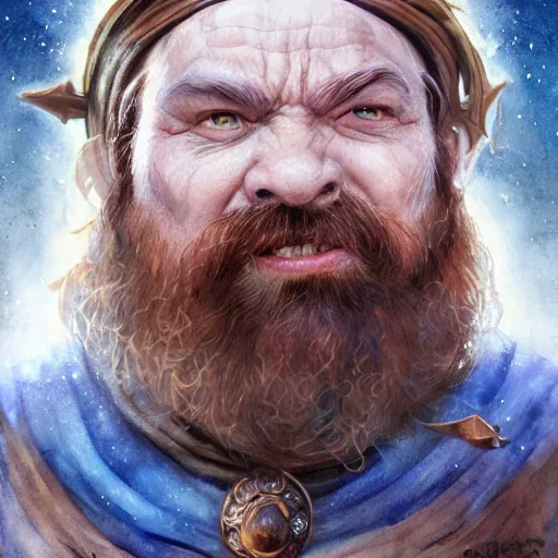 Image similar to dwarf shaman man, in love, happy, wearing blue and brown medieval robe, WLOP, artgerm, Jason Chan, Charlie Bowater, Sergey Kolesov, medieval, fantasy d&d, watercolor on paper, hyper detail portrait, closeup on face, dark pastel castle background