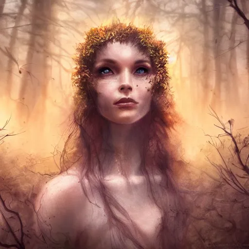 Image similar to cinematic portrait of a dryad, inspired by brian froud, inspired by dungeons and dragons, mysterious, in an evening autumn forest, trending on art station, sunset evening lighting, ominous shadows by jessica rossier