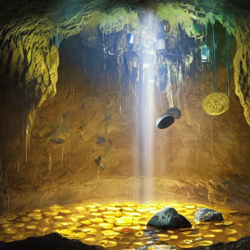 Image similar to inside the wishing well cavern, piles of gold coins, shallow water, gold refractions off water, moonlight beam from above illuminates cavern, cory feldman is kicking the water, reflective clean water on cavefloor, slick wet walls, leaves cave, small flowing stream from wall, the hippies are setting up a cloud camp, gold dappled lighting, movie poster painting