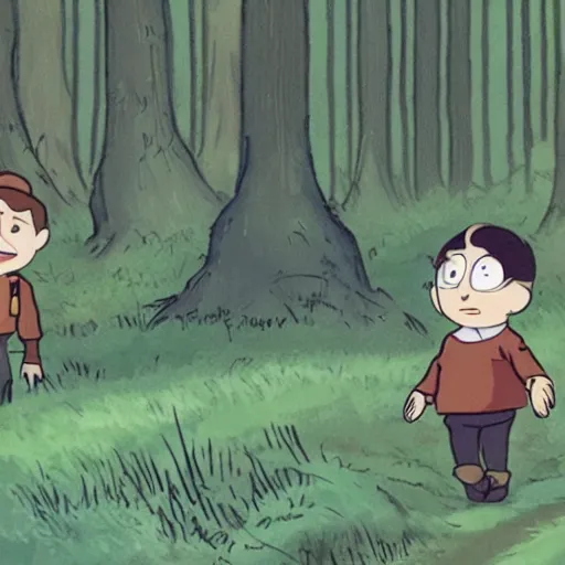 Image similar to Over the Garden Wall, greg and wirt are lost in the forest