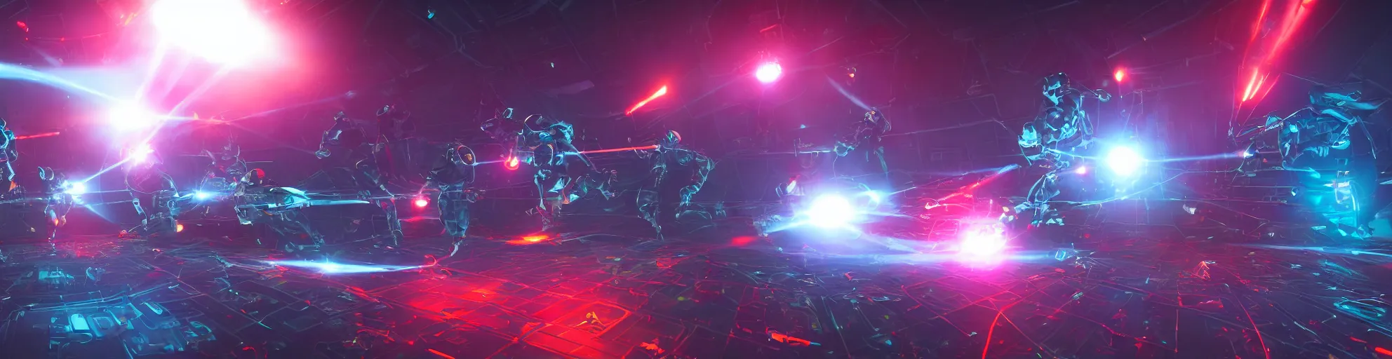 Image similar to futuristic spacemen firing lasers in zero gravity, skintight suits, floating polygon shapes as obstacles, surrounded by a laser grid, unreal engine, lensflare, glow, bloom, neon