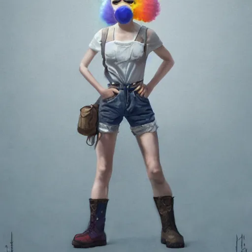 Prompt: a grungy woman with short white shaved hair, soft eyes and narrow chin, dainty figure, torn overalls, short shorts, combat boots, rainbow dust mask, basic white background, side boob, symmetrical, single person, style of by jordan grimmer and greg rutkowski, crisp lines and color,