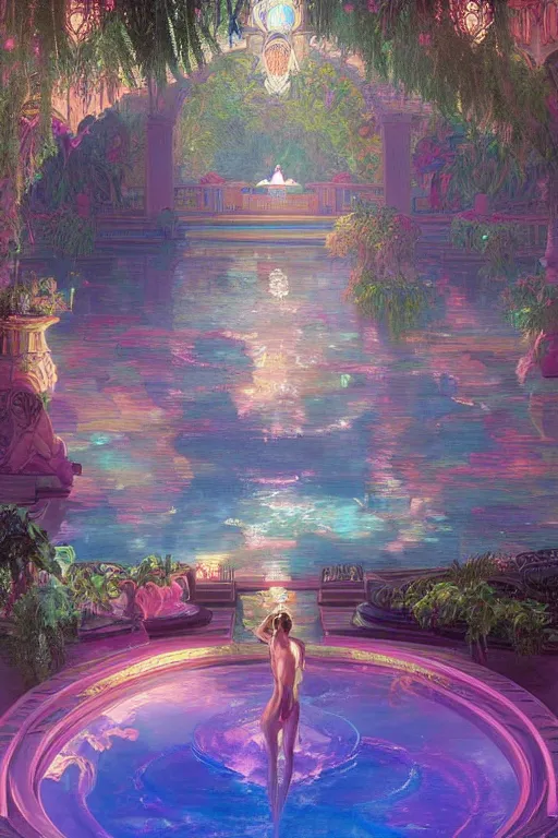 Prompt: Concept Digital Art Highly detailed Vaporwave Art Deco Cybertron lazy river inside of the Palace of the Primes with glowing pink water at night by greg rutkowski, Ilya repin, alphonse mucha, and Edmund Blair Leighton. Very highly detailed 8K, octane, Digital painting, the golden ratio, rational painting, sharp