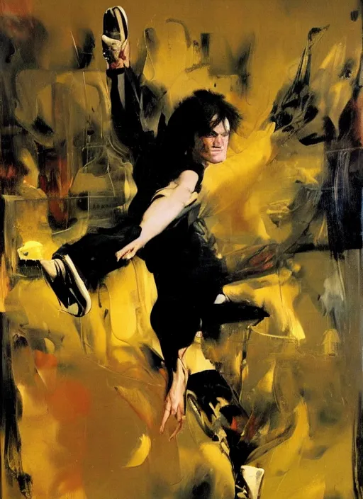 Prompt: quentin tarantino mayonnaise feet, painting by phil hale, fransico goya,'action lines '!!!, graphic style, visible brushstrokes, motion blur, blurry, visible paint texture, crisp hd image