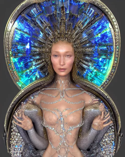 Image similar to a highly detailed metahuman 4 k close up render of an alien goddess bella hadid monument dmt in iris van herpen dress schiaparelli in diamonds crystals swarovski and jewelry iridescent in style of alphonse mucha gustav klimt trending on artstation made in unreal engine 4