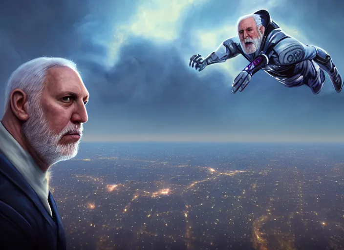 Image similar to facial portrait of greg popovich flying over san antonio, fantasy, super hero art, oil on canvas, octane render, spurs suit, trending on artstation