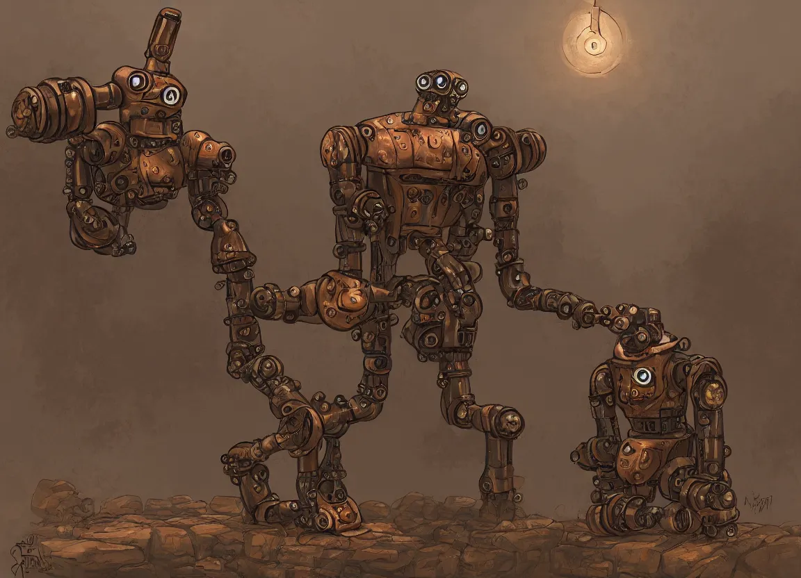 Prompt: ( ( rock golem with ( copper pipes ) ) in steampunk style ) as a robot like in ( iron harvest ), digital painting )
