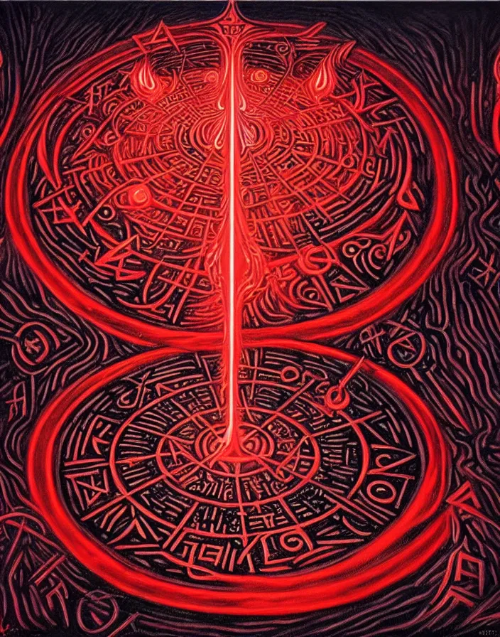 Prompt: beautiful painting of a summoning circle spell with runes in a dark cave, tarot, complex environment, by johfra bosschart, fractals, red liquid glowing metal veins, details