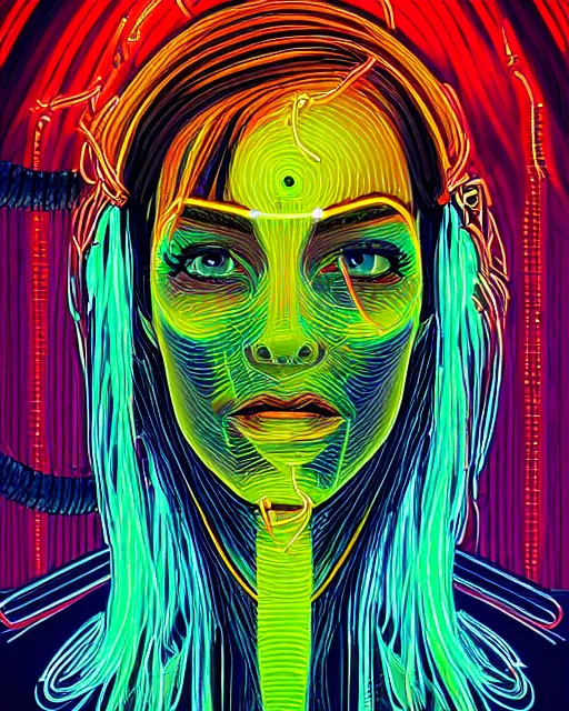 Image similar to intricate portrait of a cyborg woman with twisting wires and dripping neon paint, by dan mumford and alena aenami