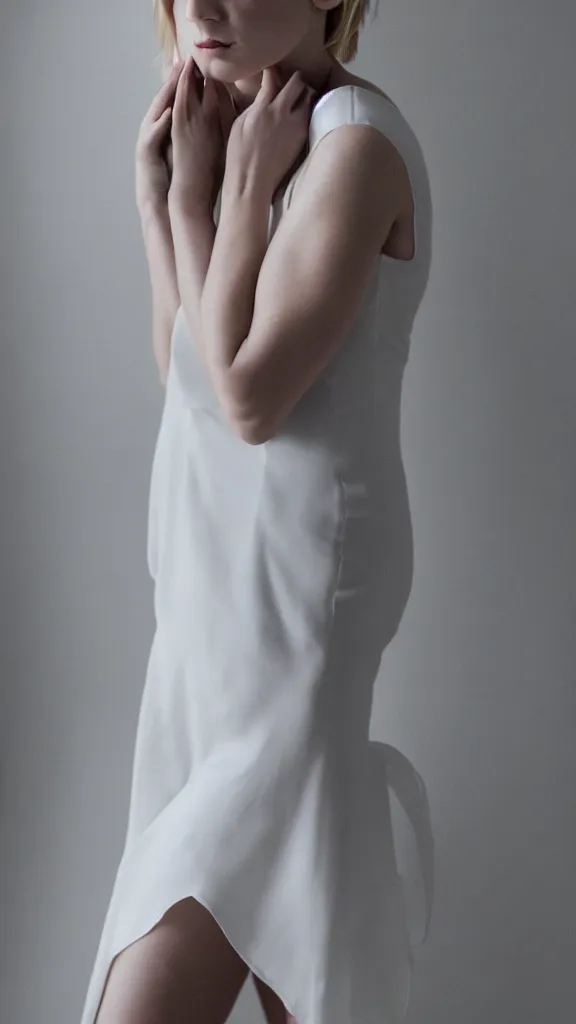 Image similar to emily skinner cosplaying annie leonhart wearing open toe heels and wearing a white dress in a white room looking up, beautiful face, pale skin, rule of thirds, cinematic lighting, rainy weather, melancholy atmosphere, sharp focus, backlit, stunning, smooth, hard focus, full body shot, studio photo, shot on sony a 7 iii, hyper realistic,