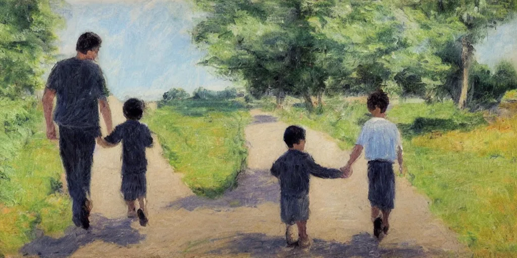 Image similar to a man with dark hair holding the hands of a young boy with dark hair as they walk down a suburban highway on a bright beautiful day. in the style of an impressionist painting.