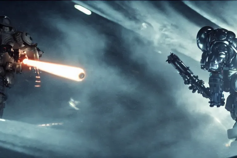 Image similar to VFX movie of a futuristic inhuman alien spacemarines in future spaceship, firing gun at space pirates detailed surface cinematic lighting by Emmanuel Lubezki